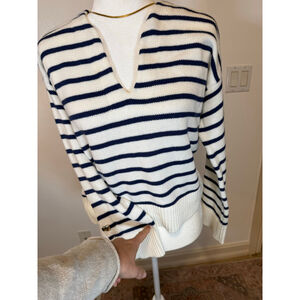 Kerri Rosenthal V-Neck Sweater XS White Navy Striped XO KR